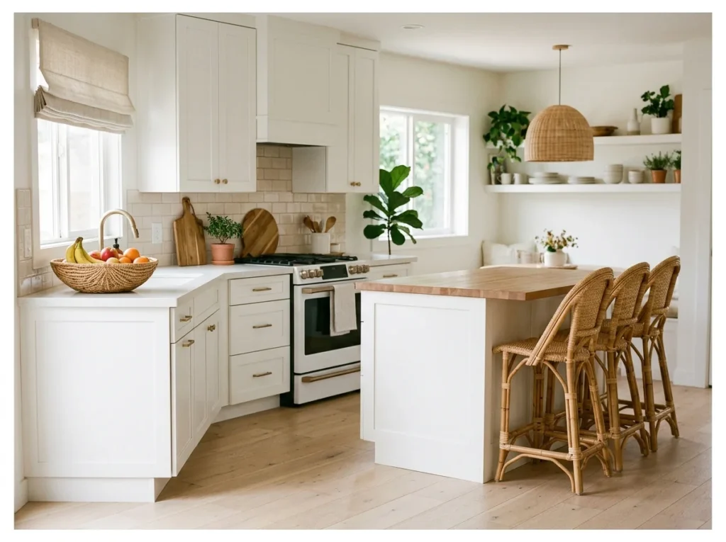 Warm White Kitchen with Rattan Accents