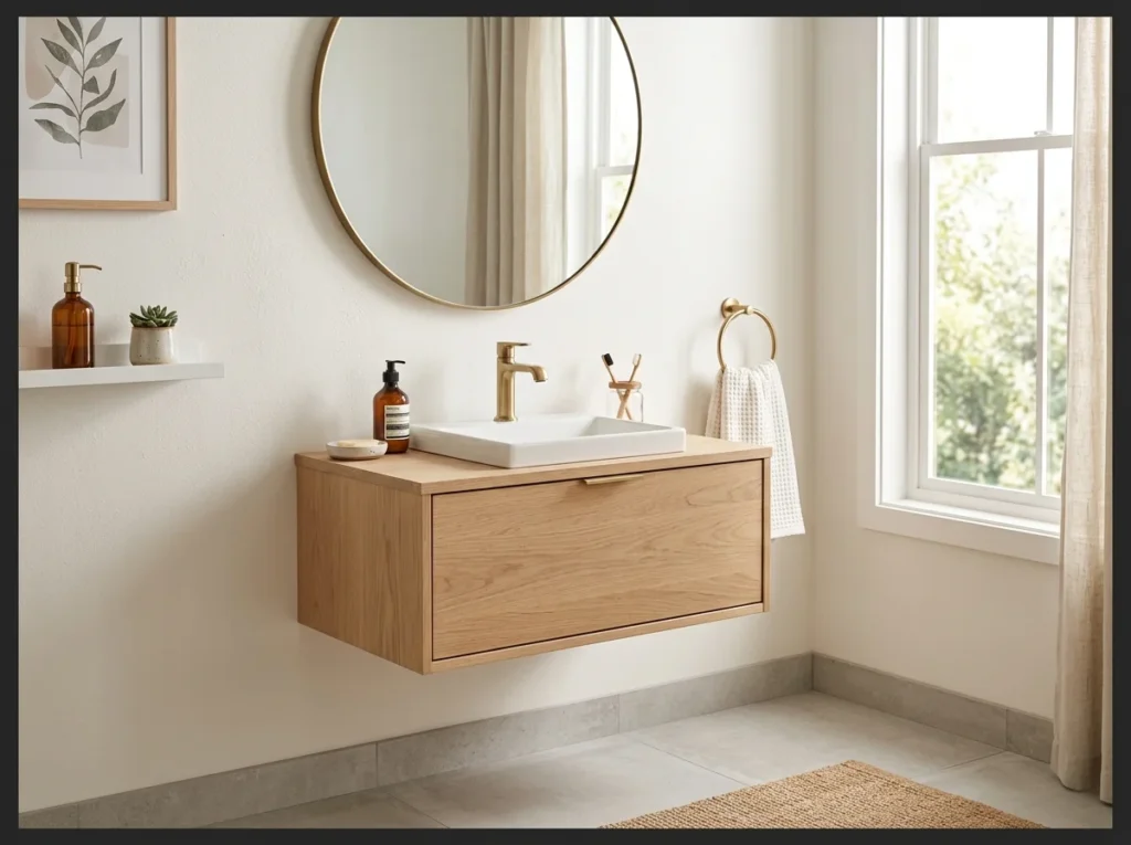 White Oak Floating Vanity with Brass Fixtures