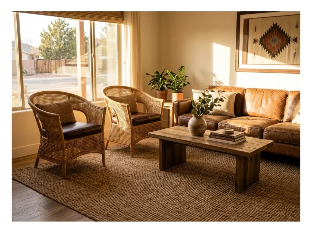 Woven Rattan and Leather Accent Chairs
