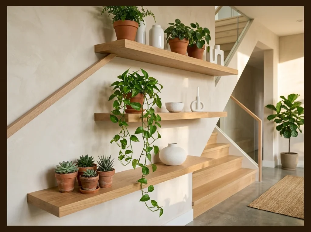 Floating Oak Shelves with Plants and Ceramics