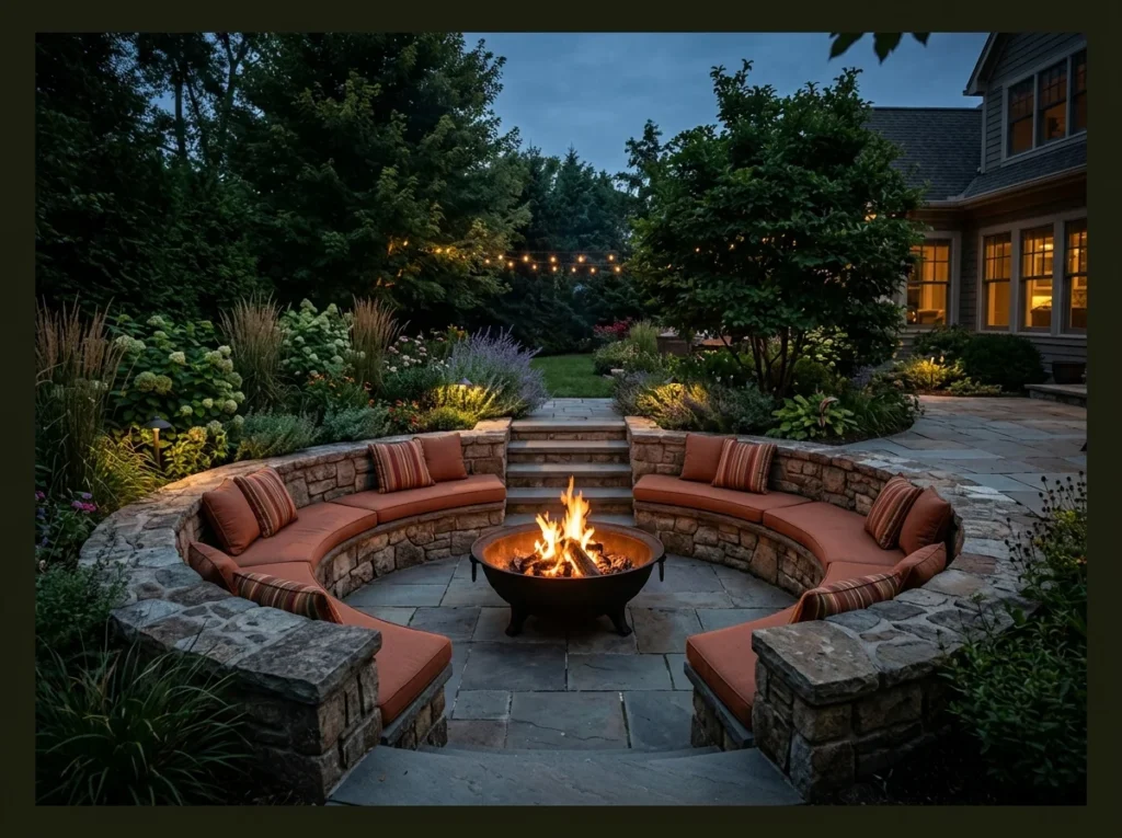 Sunken Fire Pit with Built-In Stone Seating