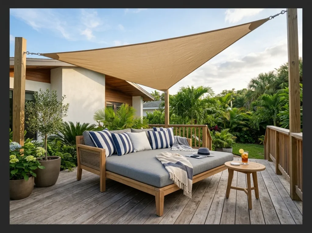 Teak Daybed Under a Shade Sail
