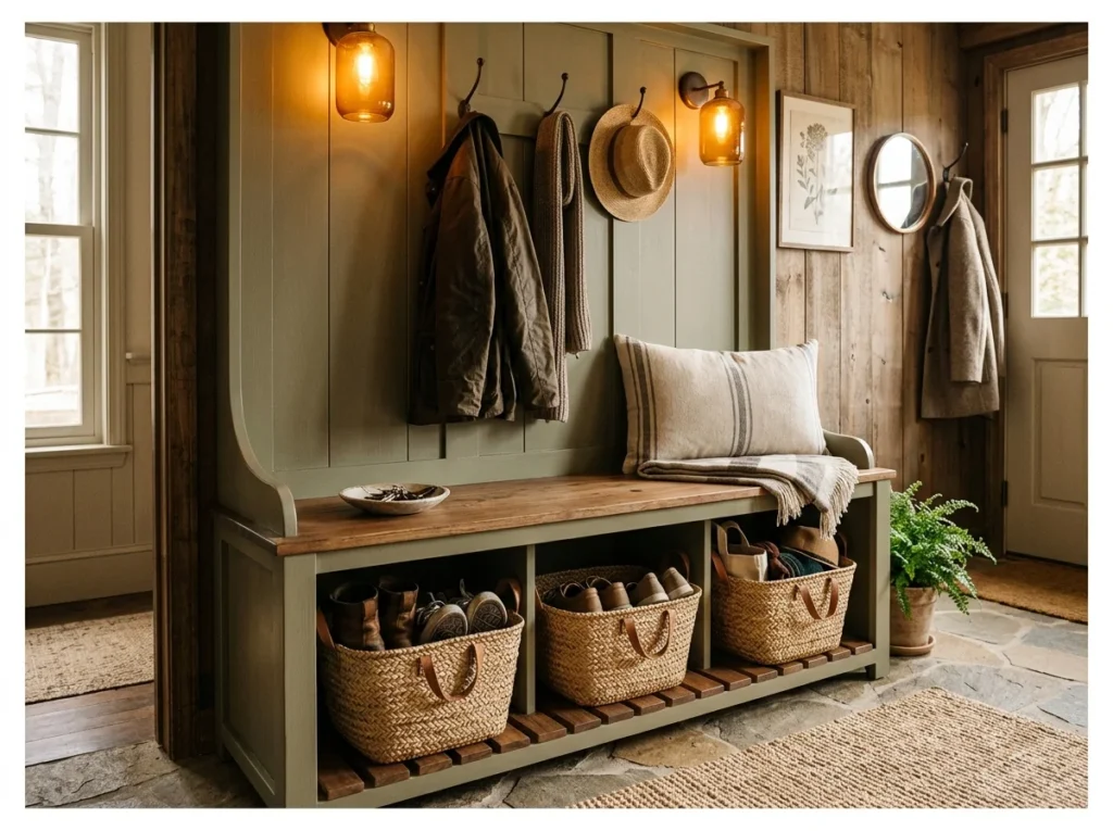 Bench with Woven Baskets Below