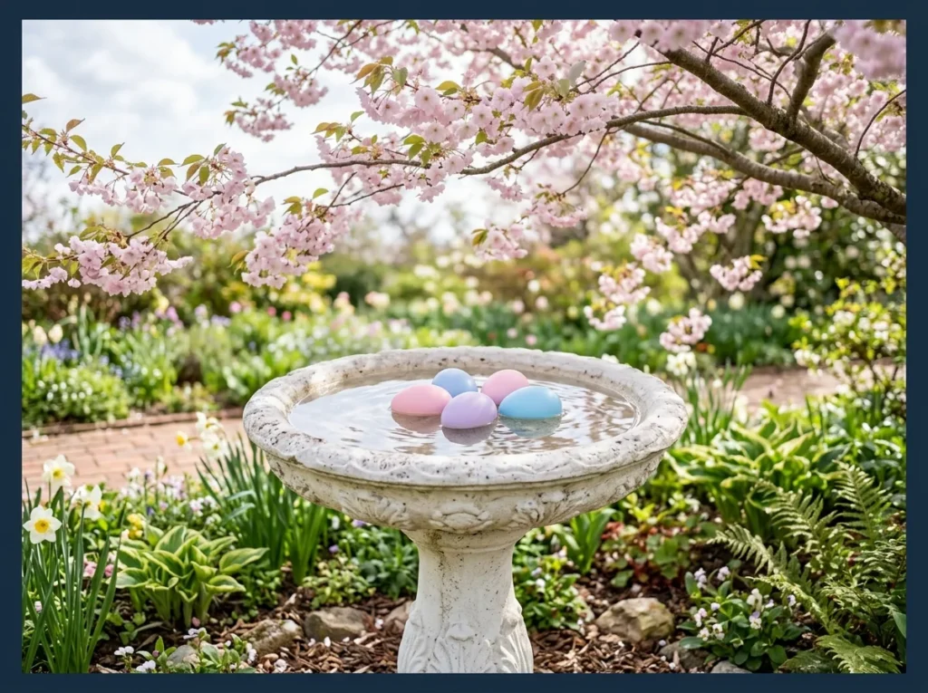Bird Bath with Floating Pastel Eggs