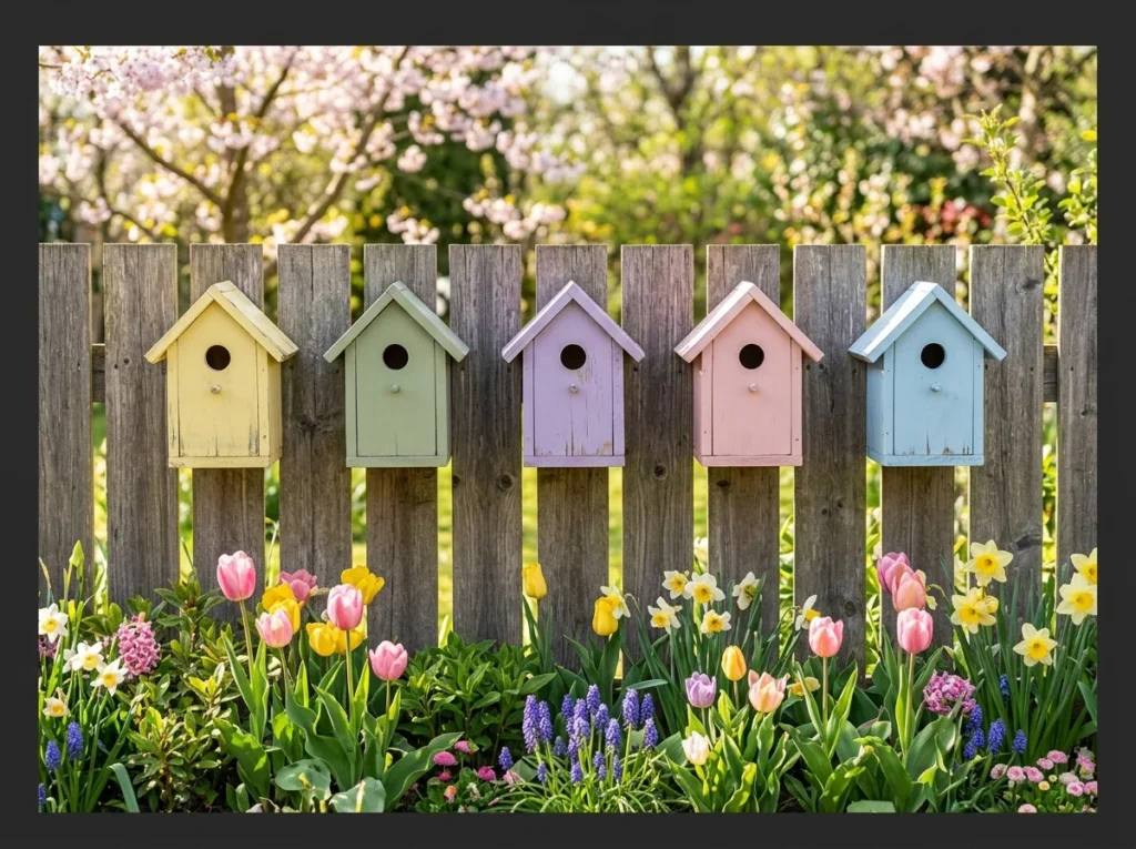 Pastel Birdhouse Row on the Fence