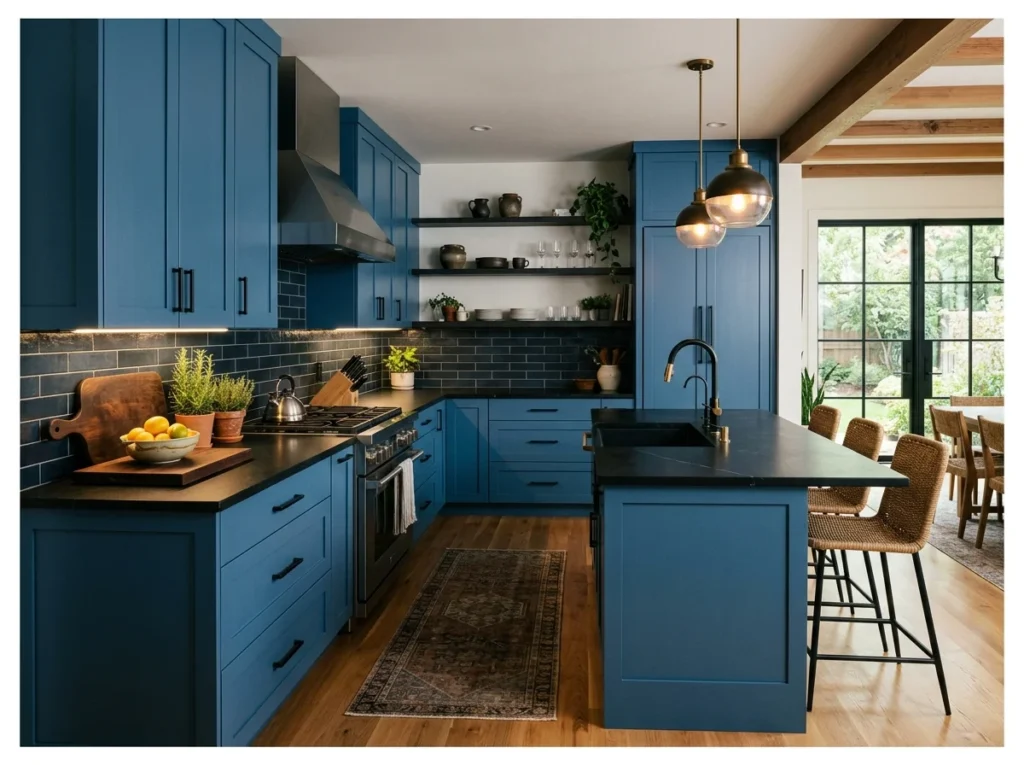 Blue Cabinets with Black Countertops