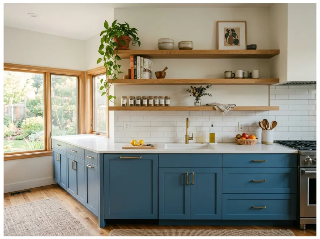 Blue Cabinets with Warm Wood Shelves