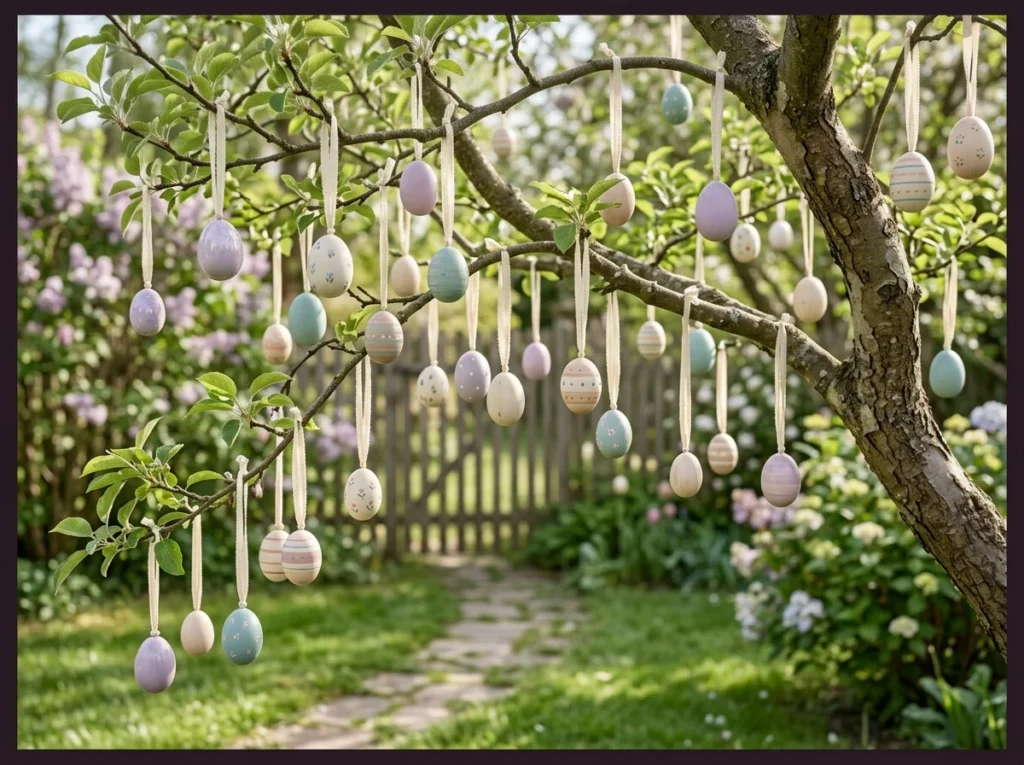 Hanging Pastel Eggs from a Tree