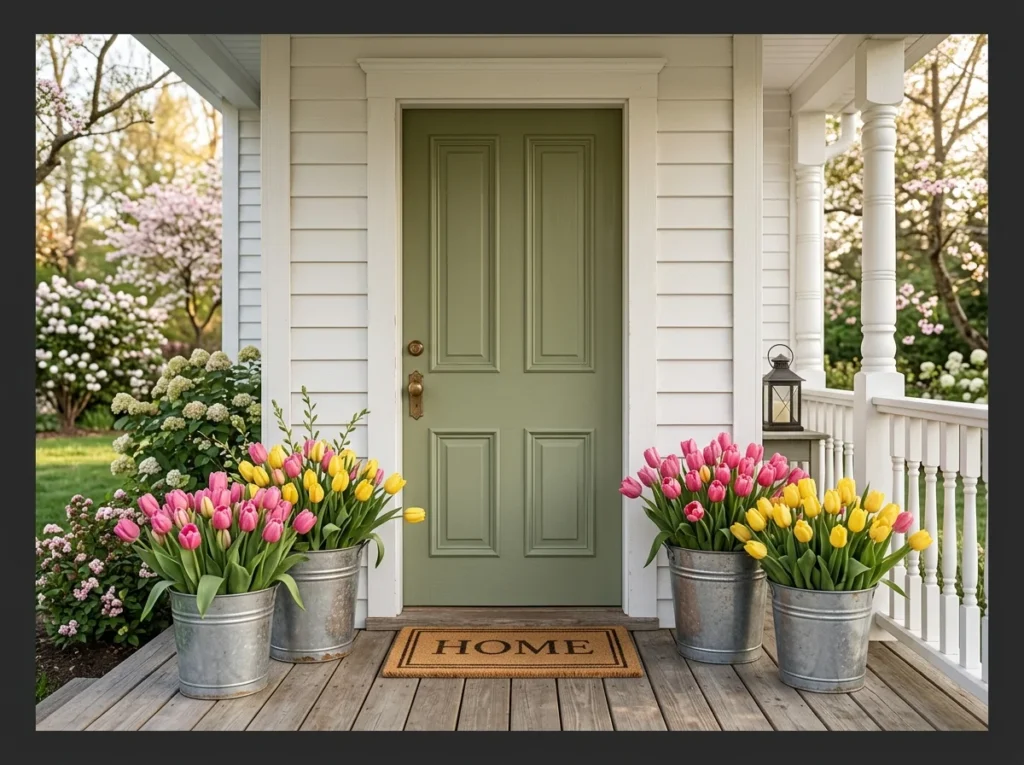 Tulip Filled Galvanized Buckets at the Door