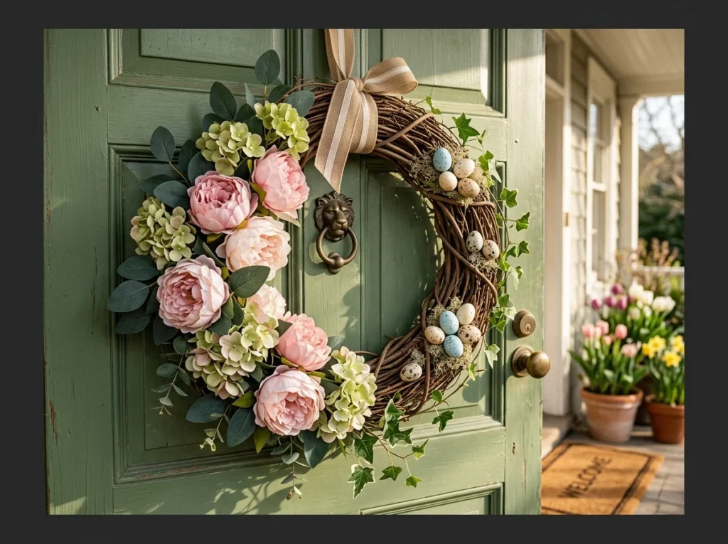 Grapevine Wreath with Peonies and Speckled Eggs