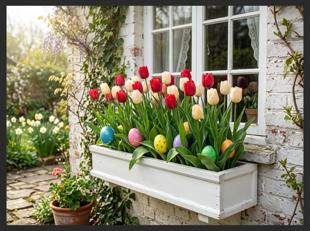 Window Box with Tulips and Hidden Eggs