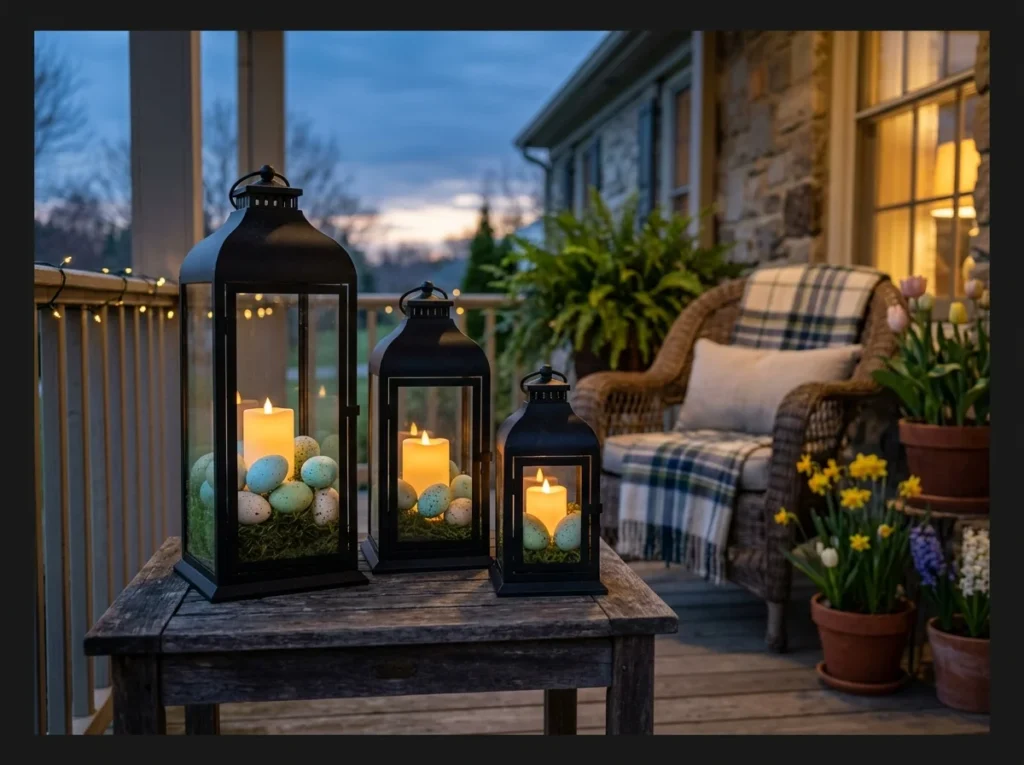 Lanterns Filled with Moss and Easter Eggs