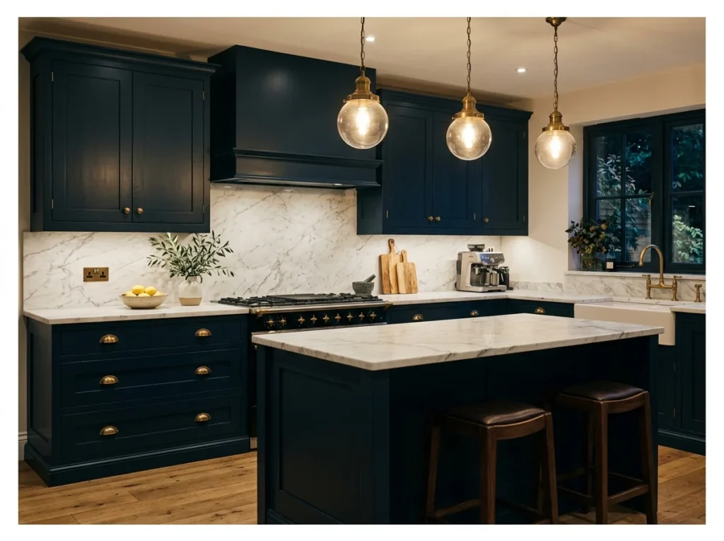 Midnight Blue Kitchen with Brass Hardware
