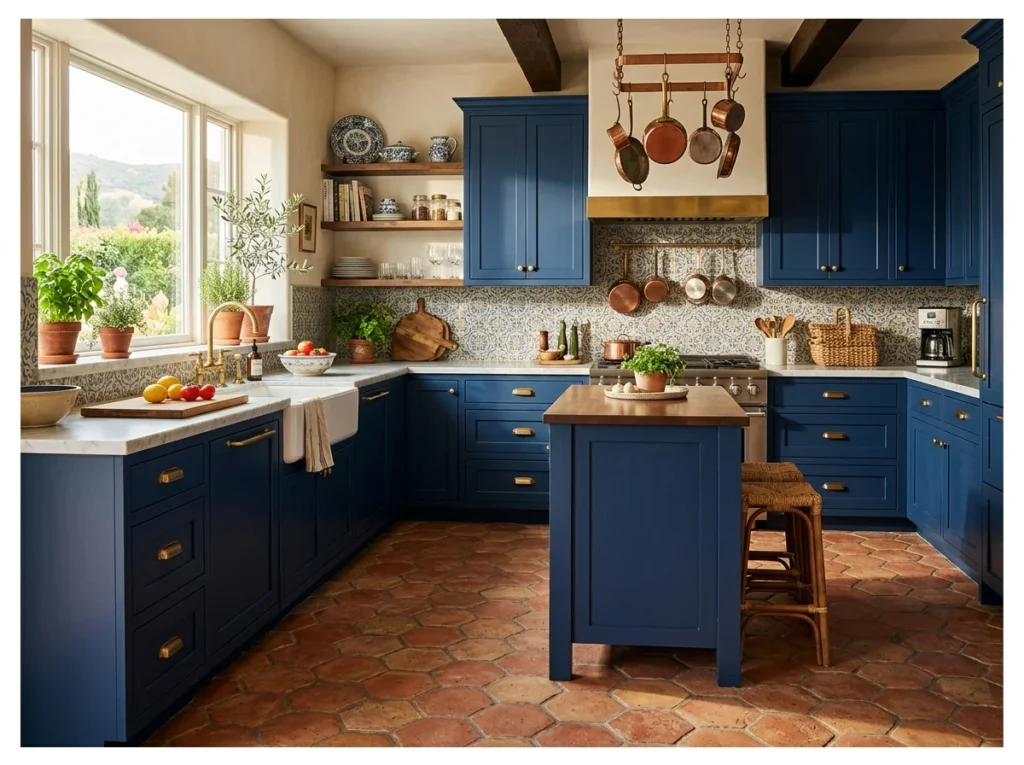Blue Kitchen with Terracotta Tile Floor