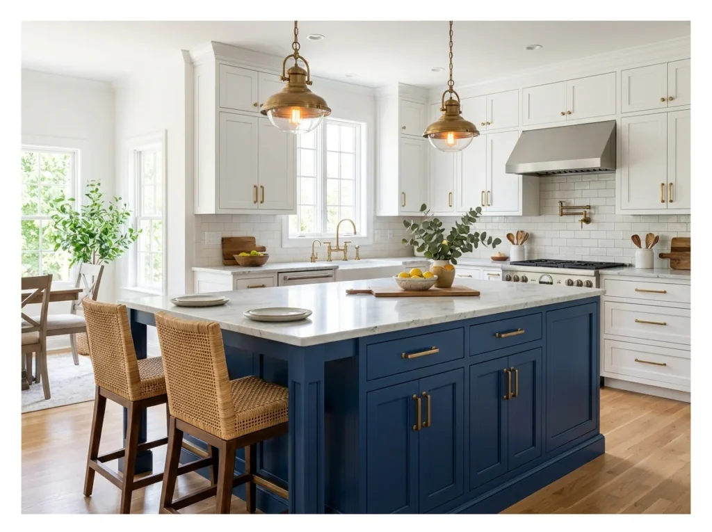 Navy Island with White Perimeter Cabinets