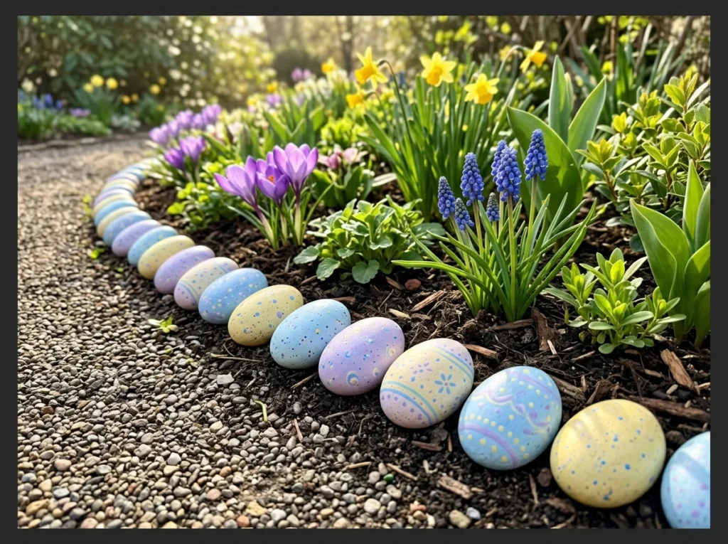 Painted Rock Egg Border Along the Path