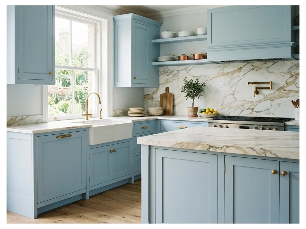 Pale Blue Kitchen with Marble