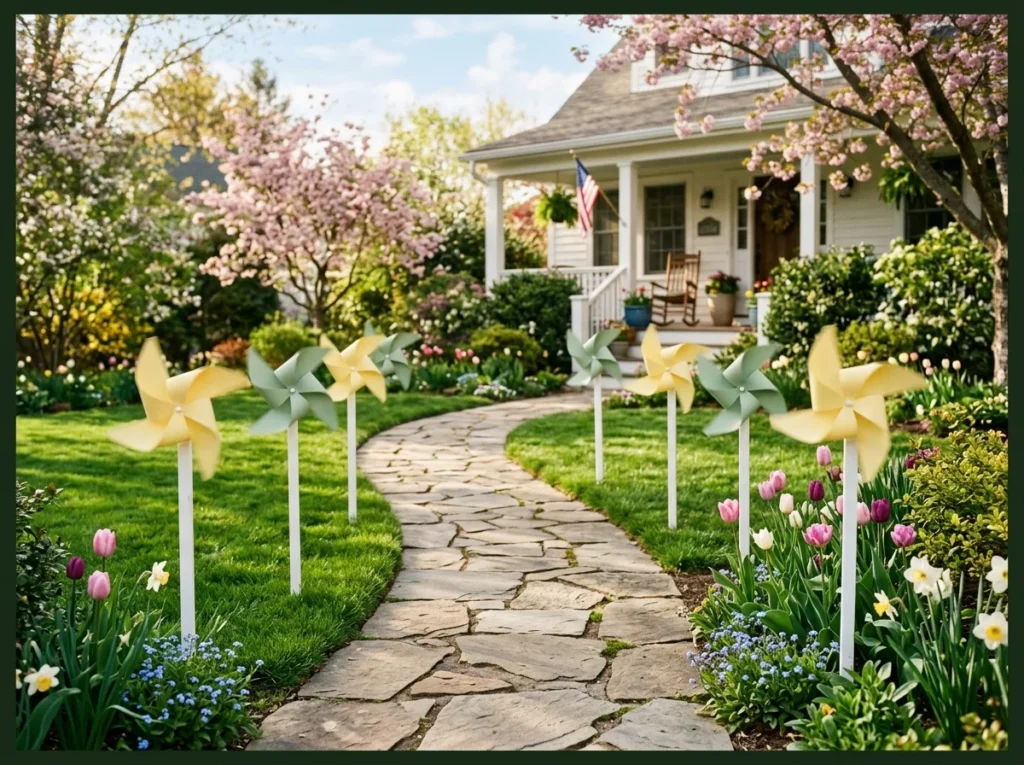 Pastel Pinwheels Along the Walkway