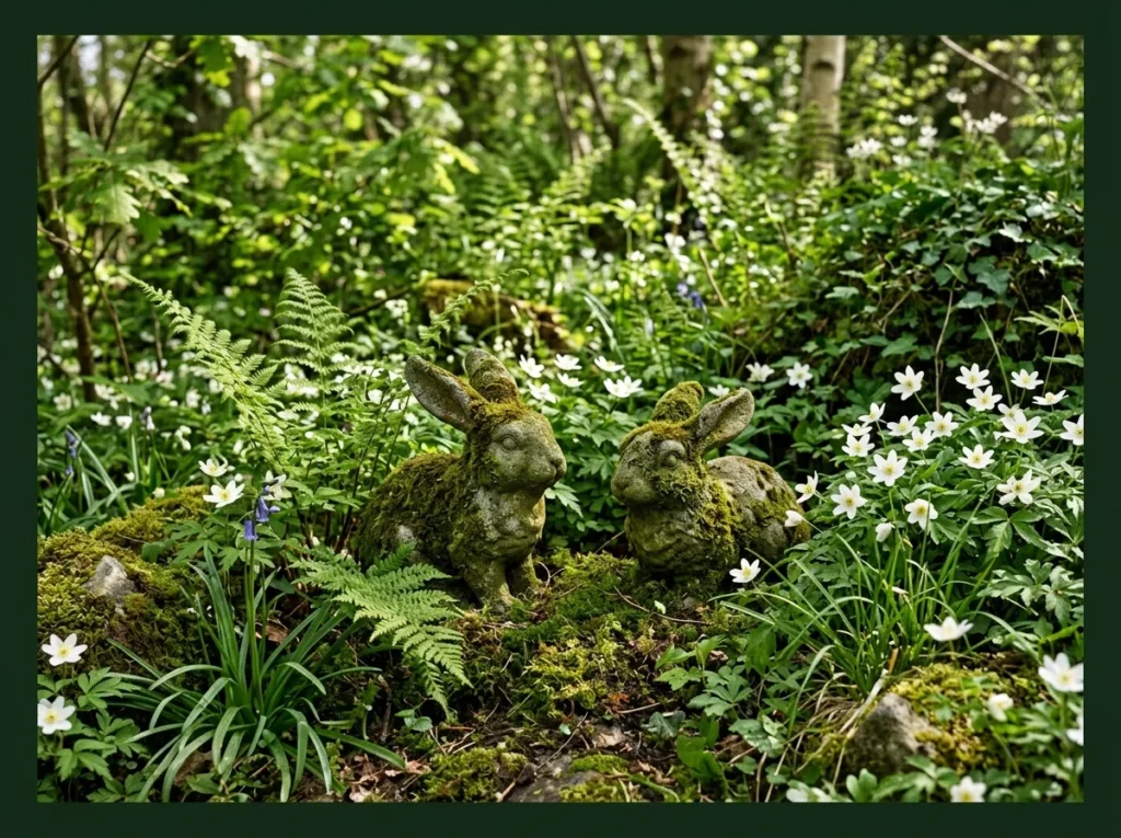 Moss Covered Bunny Statues in the Garden