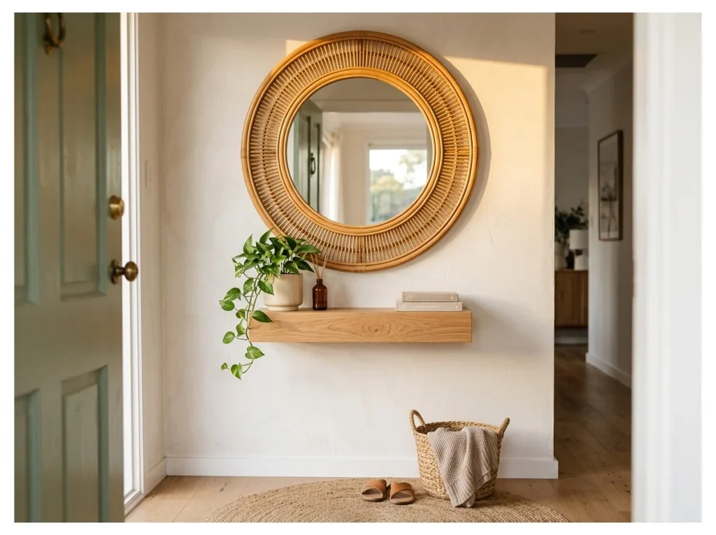 Rattan-Framed Round Mirror