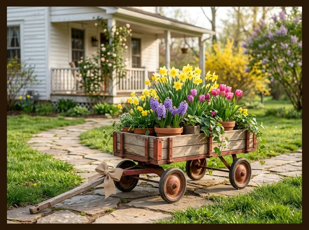 Rustic Wagon Filled with Spring Blooms