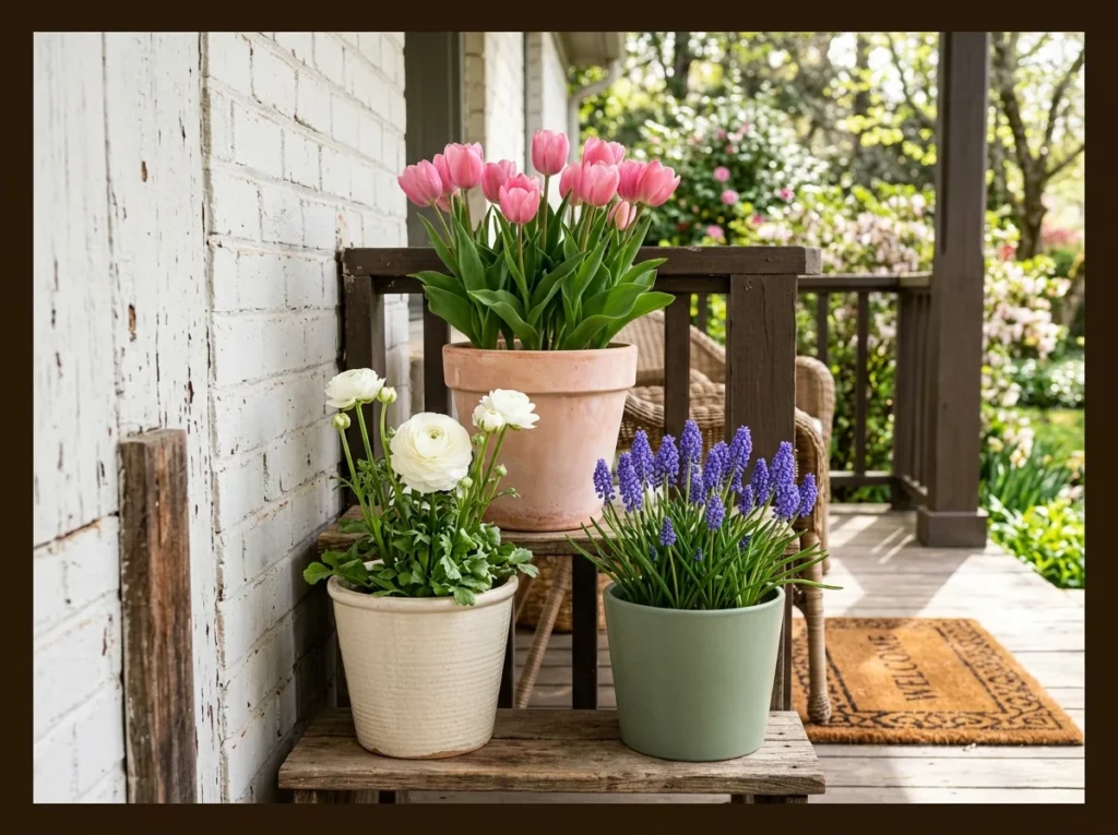 Spring Flower Pot Trio on the Porch