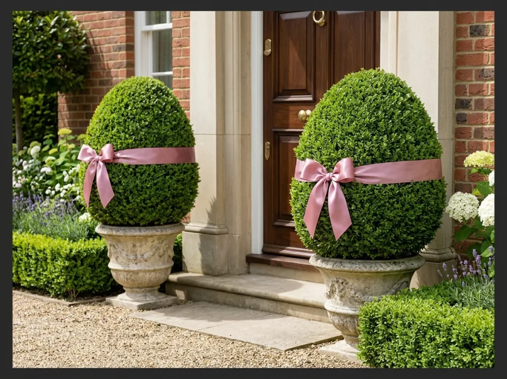 Giant Topiary Eggs Wrapped in Ribbon