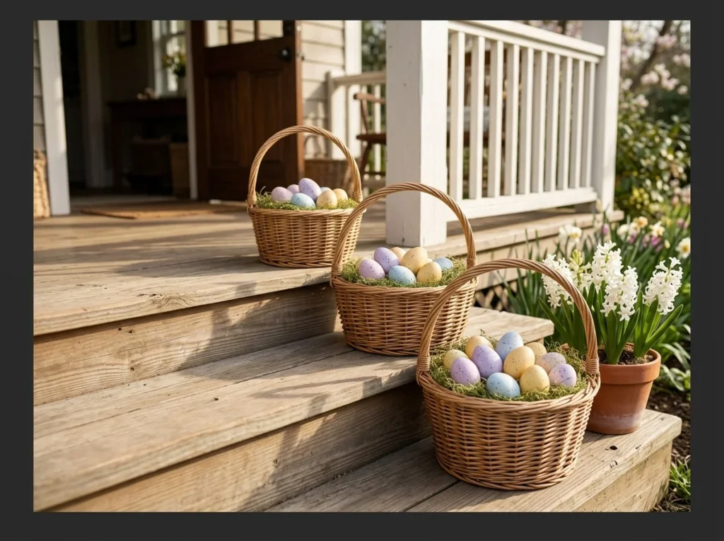 Wicker Basket Egg Display on the Porch Steps