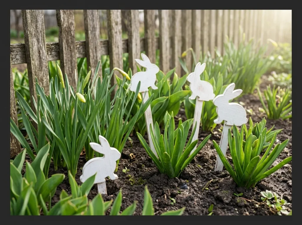Wooden Bunny Garden Stakes in Flower Beds