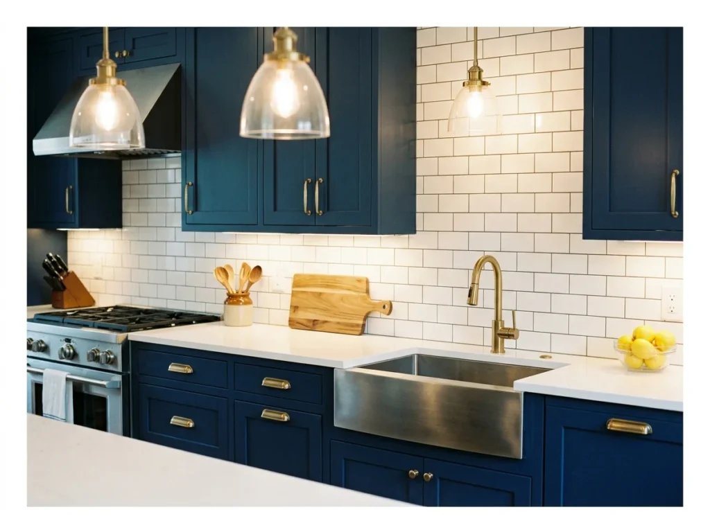 Blue Cabinets with White Subway Tile Backsplash