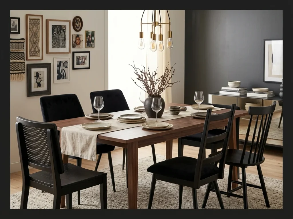 Dark Wood Table with Mixed Chair Styles